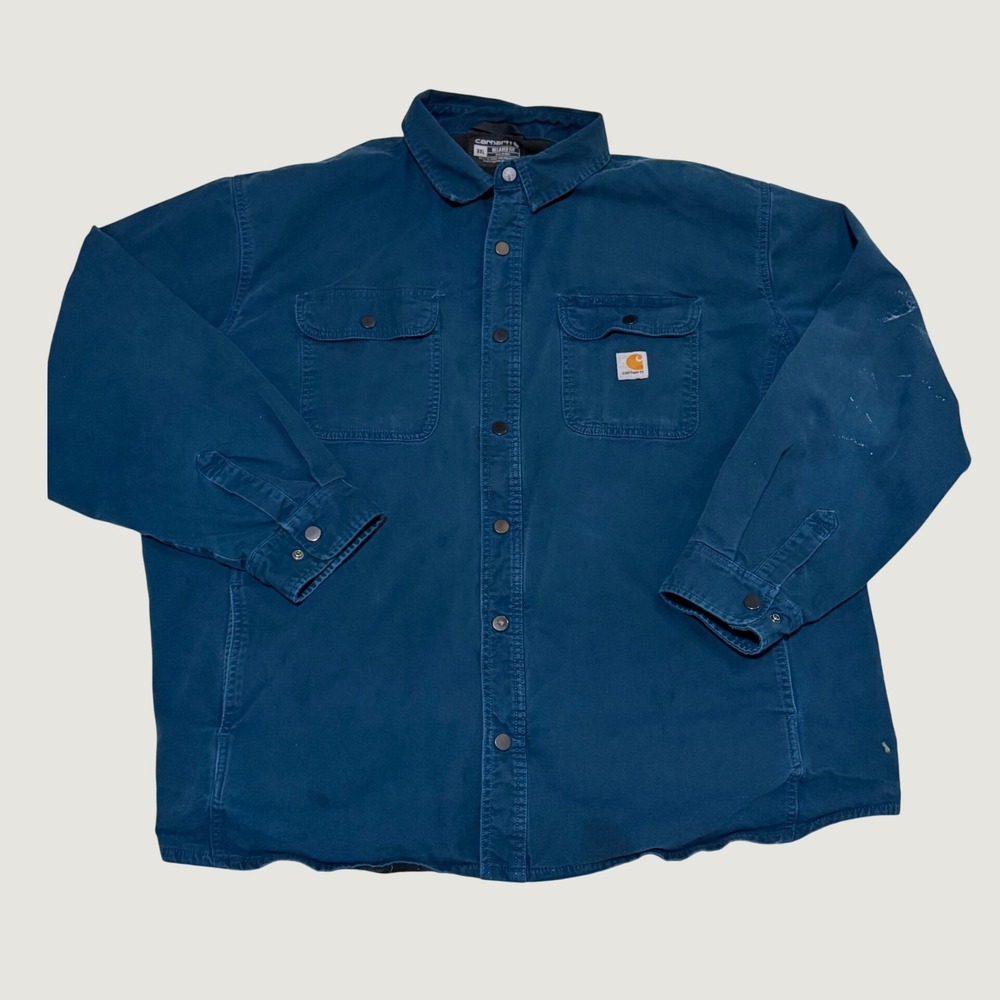 Carhartt Relaxed Fleece Lined Canvas Shirt Jacket Blue 3XL Men Distressed 105419